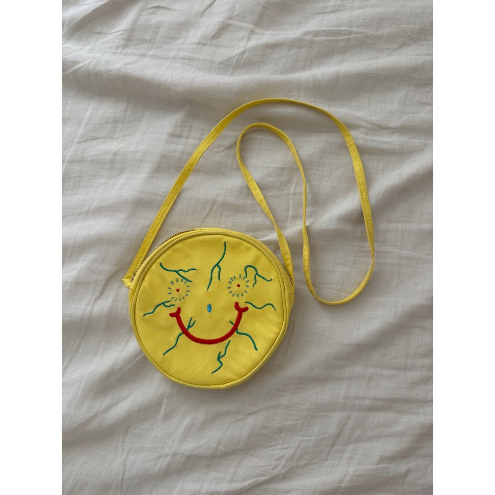 Penelope Gazin Yellow Round Crossbody Purse Bag Embroidered Smiley Face